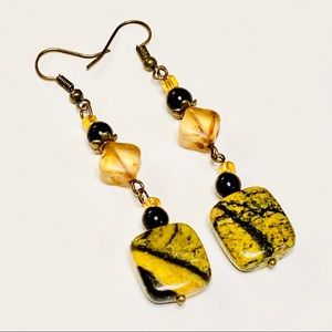 BOLD AFRICAN Zebra Jasper & Ambient Gold Czech Glass Dangling Artisan Earrings